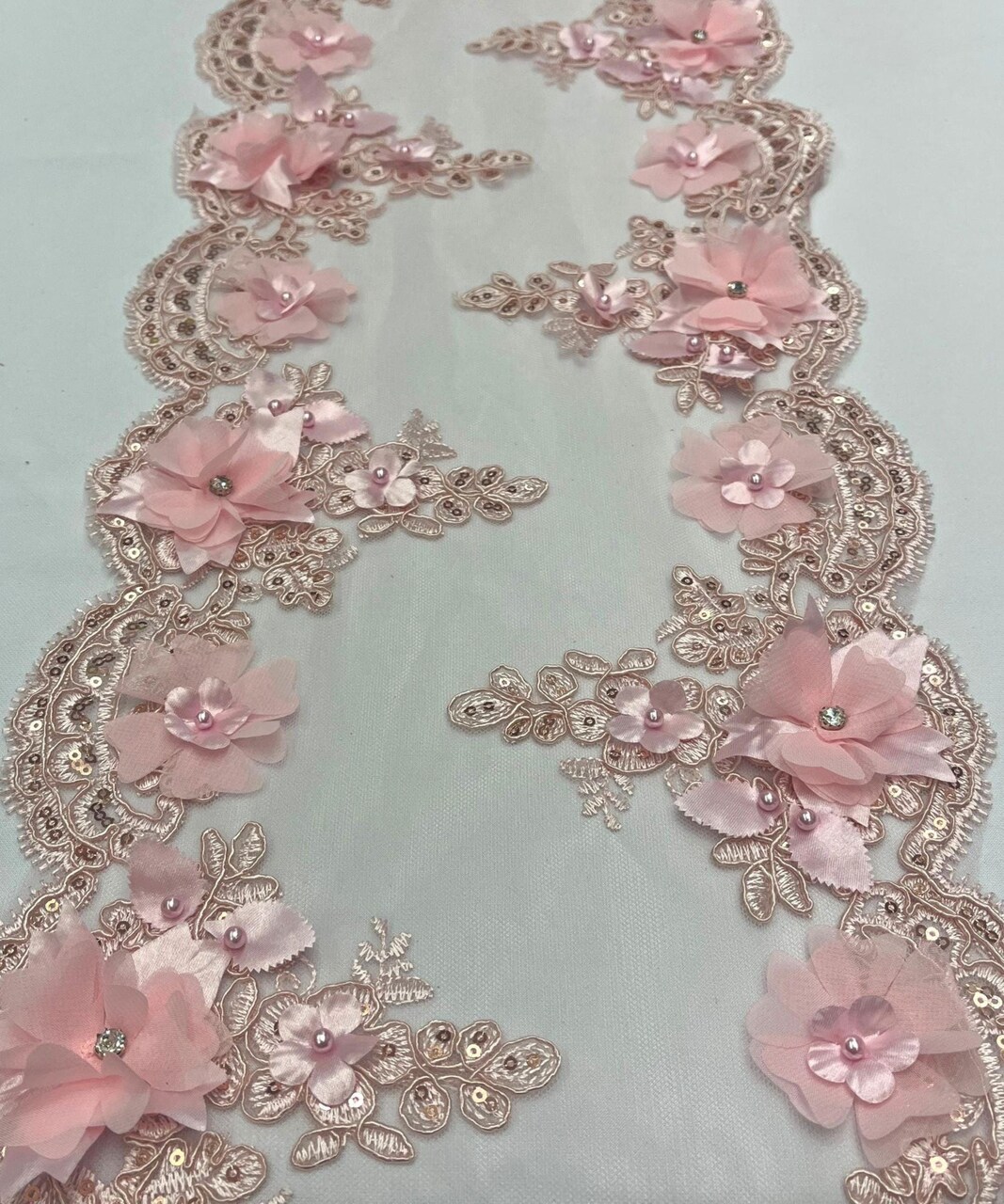 Blush 3D Wide Floral Sequin & Mesh with Pearls Lace Trim for Table Runner 22"